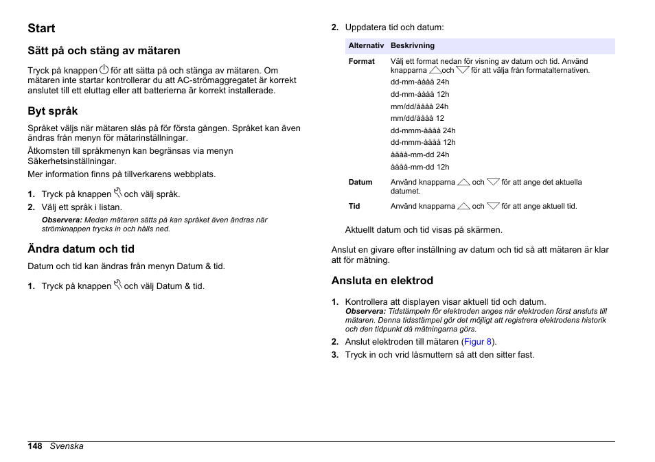 Start, Sätt på och stäng av mätaren, Byt språk | Ändra datum och tid, Ansluta en elektrod, På sidan | Hach-Lange HQ411D Basic User Manual User Manual | Page 148 / 324