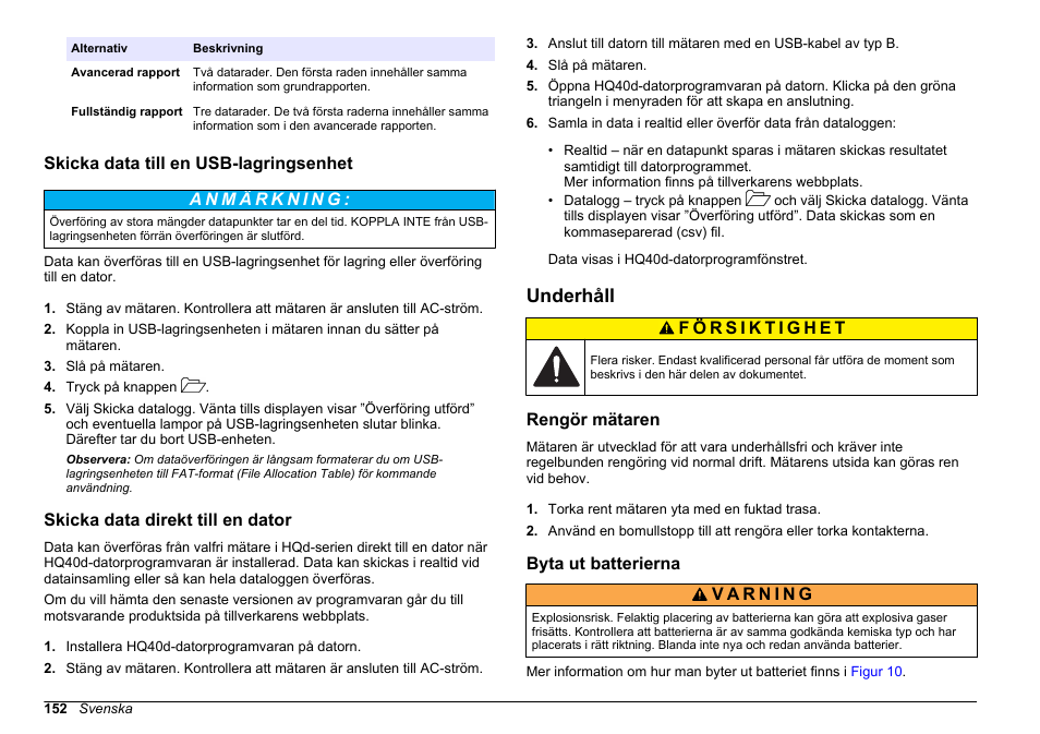 Skicka data till en usb-lagringsenhet, Skicka data direkt till en dator, Underhåll | Rengör mätaren, Byta ut batterierna | Hach-Lange HQ411D Basic User Manual User Manual | Page 152 / 324
