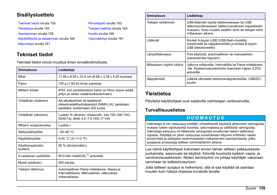 Peruskäyttöohje, Sisällysluettelo, Tekniset tiedot | Yleistietoa, Turvallisuustietoa, Suomi | Hach-Lange HQ411D Basic User Manual User Manual | Page 155 / 324