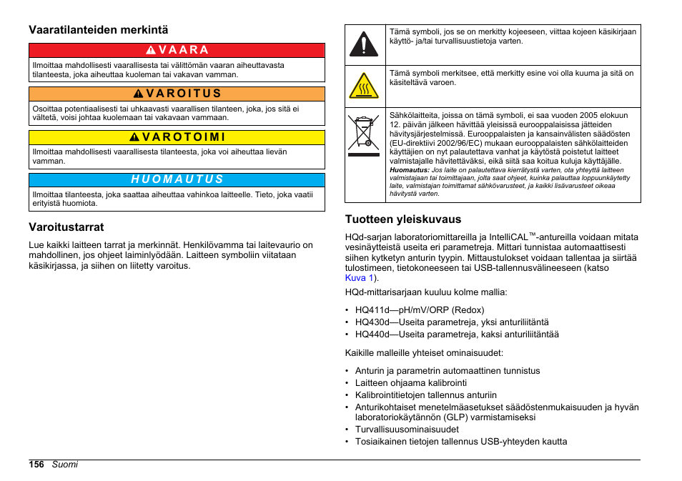 Vaaratilanteiden merkintä, Varoitustarrat, Tuotteen yleiskuvaus | Hach-Lange HQ411D Basic User Manual User Manual | Page 156 / 324