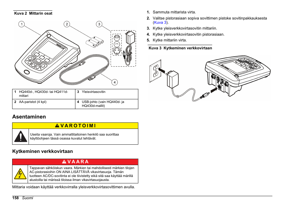 Asentaminen, Kytkeminen verkkovirtaan | Hach-Lange HQ411D Basic User Manual User Manual | Page 158 / 324