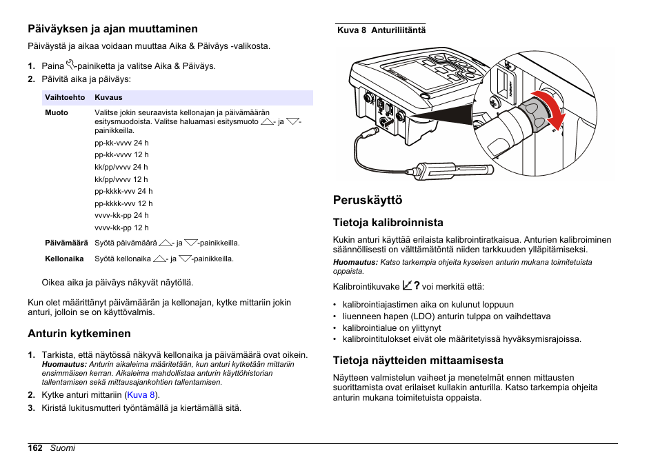 Päiväyksen ja ajan muuttaminen, Anturin kytkeminen, Peruskäyttö | Tietoja kalibroinnista, Tietoja näytteiden mittaamisesta, Sivulla 162 | Hach-Lange HQ411D Basic User Manual User Manual | Page 162 / 324