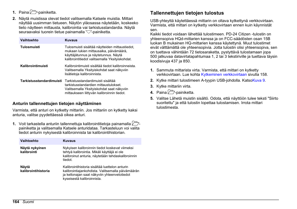 Anturin tallennettujen tietojen näyttäminen, Tallennettujen tietojen tulostus | Hach-Lange HQ411D Basic User Manual User Manual | Page 164 / 324