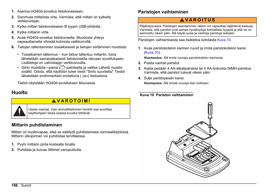 Huolto, Mittarin puhdistaminen, Paristojen vaihtaminen | Hach-Lange HQ411D Basic User Manual User Manual | Page 166 / 324