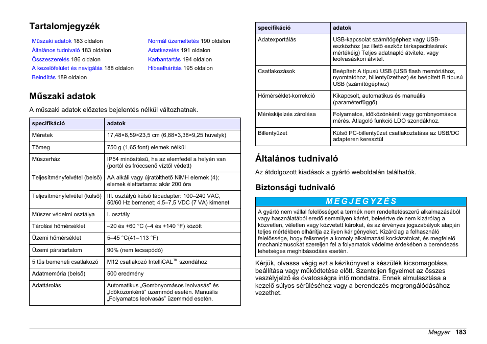 Alap felhasználói kézikönyv, Tartalomjegyzék, Műszaki adatok | Általános tudnivaló, Biztonsági tudnivaló, Magyar | Hach-Lange HQ411D Basic User Manual User Manual | Page 183 / 324