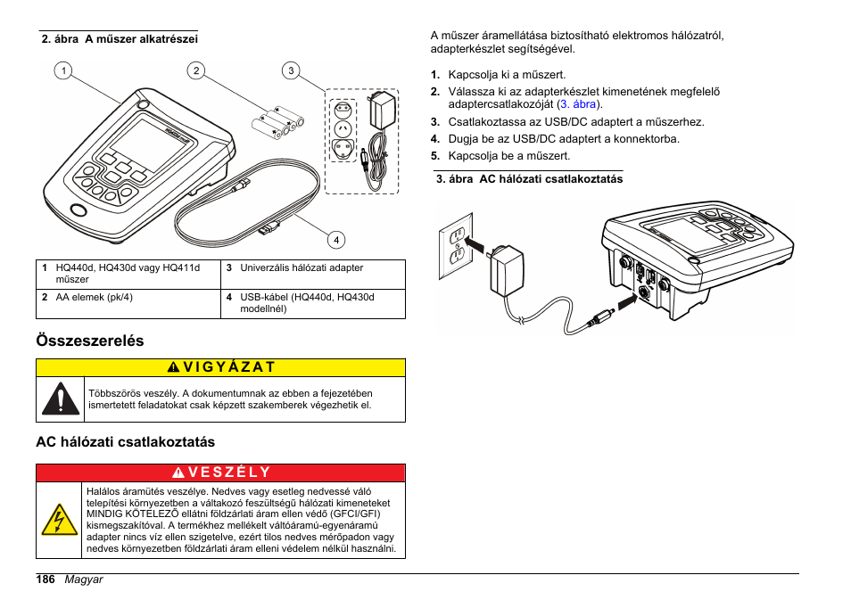 Összeszerelés, Ac hálózati csatlakoztatás | Hach-Lange HQ411D Basic User Manual User Manual | Page 186 / 324