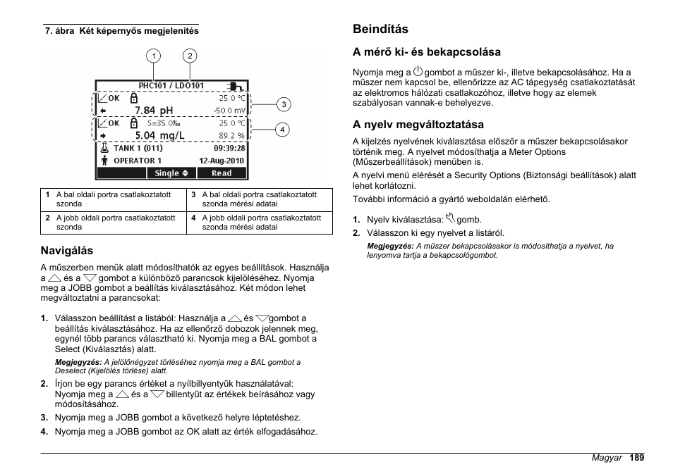 Navigálás, Beindítás, A mérő ki- és bekapcsolása | A nyelv megváltoztatása | Hach-Lange HQ411D Basic User Manual User Manual | Page 189 / 324