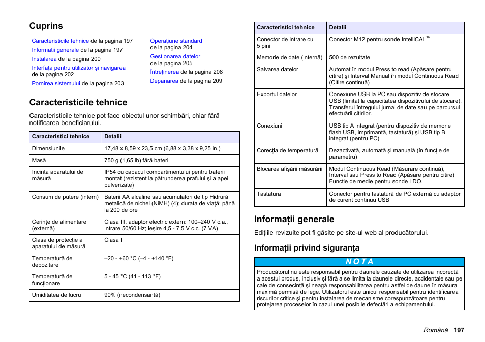 Manual de bază al utilizatorului, Cuprins, Caracteristicile tehnice | Informaţii generale, Informaţii privind siguranţa, Română | Hach-Lange HQ411D Basic User Manual User Manual | Page 197 / 324