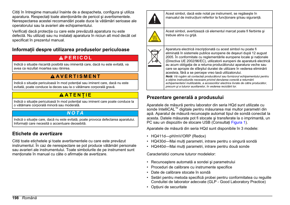 Etichete de avertizare, Prezentare generală a produsului, N o t ã | Hach-Lange HQ411D Basic User Manual User Manual | Page 198 / 324