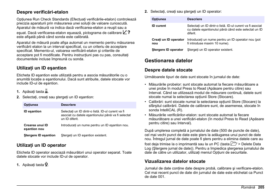 Despre verificări-etalon, Utilizaţi un id eşantion, Utilizaţi un id operator | Gestionarea datelor, Despre datele stocate, Vizualizarea datelor stocate | Hach-Lange HQ411D Basic User Manual User Manual | Page 205 / 324