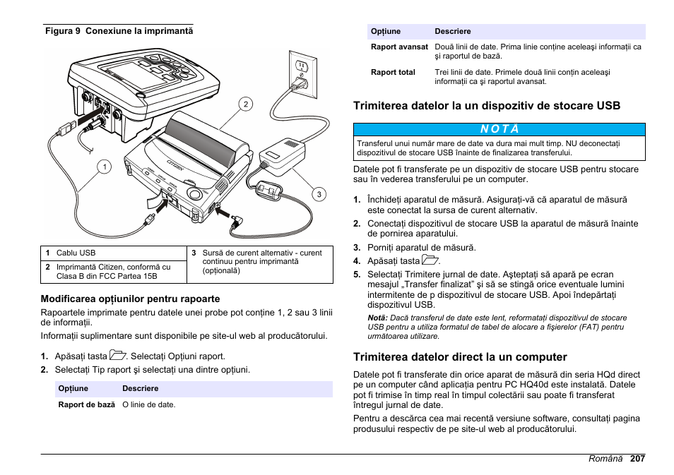 Modificarea opţiunilor pentru rapoarte, Trimiterea datelor la un dispozitiv de stocare usb, Trimiterea datelor direct la un computer | A. consultaţi, Figura 9 | Hach-Lange HQ411D Basic User Manual User Manual | Page 207 / 324
