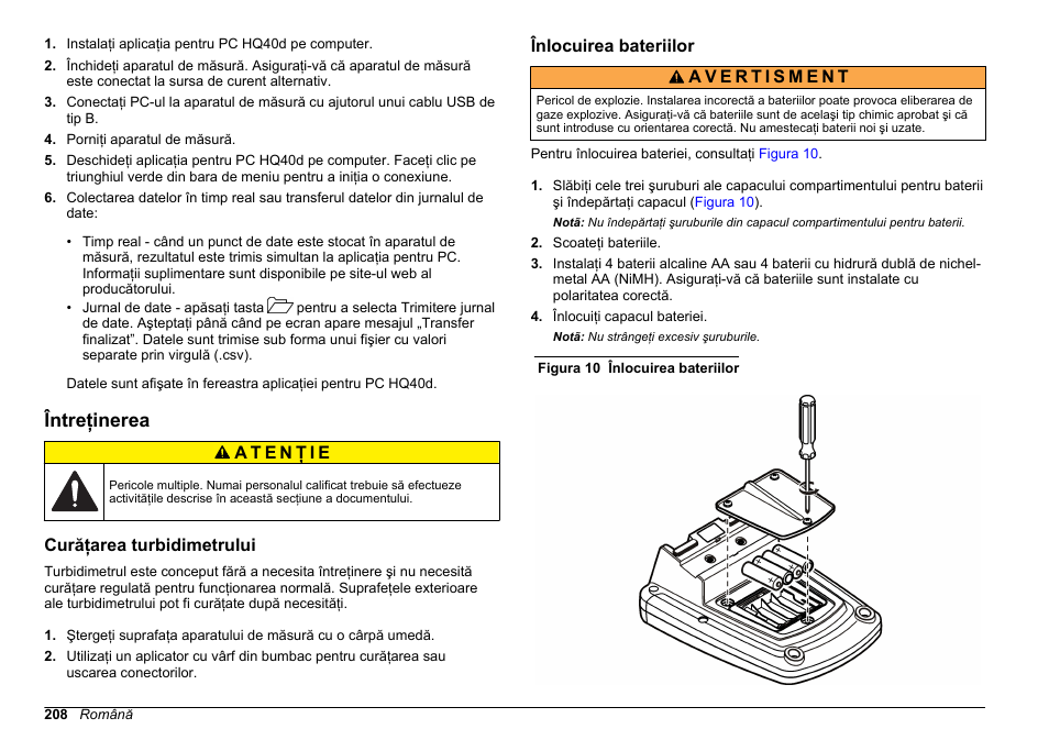 Întreţinerea, Curăţarea turbidimetrului, Înlocuirea bateriilor | Hach-Lange HQ411D Basic User Manual User Manual | Page 208 / 324