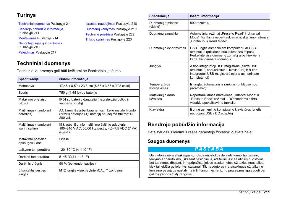 Bendroji naudotojo instrukcija, Turinys, Techniniai duomenys | Bendrojo pobūdžio informacija, Saugos duomenys, Lietuvių kalba | Hach-Lange HQ411D Basic User Manual User Manual | Page 211 / 324