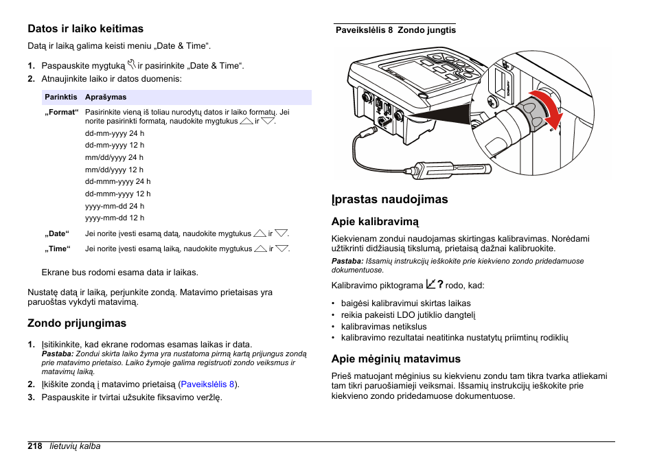 Datos ir laiko keitimas, Zondo prijungimas, Įprastas naudojimas | Apie kalibravimą, Apie mėginių matavimus, Puslapyje 218 | Hach-Lange HQ411D Basic User Manual User Manual | Page 218 / 324