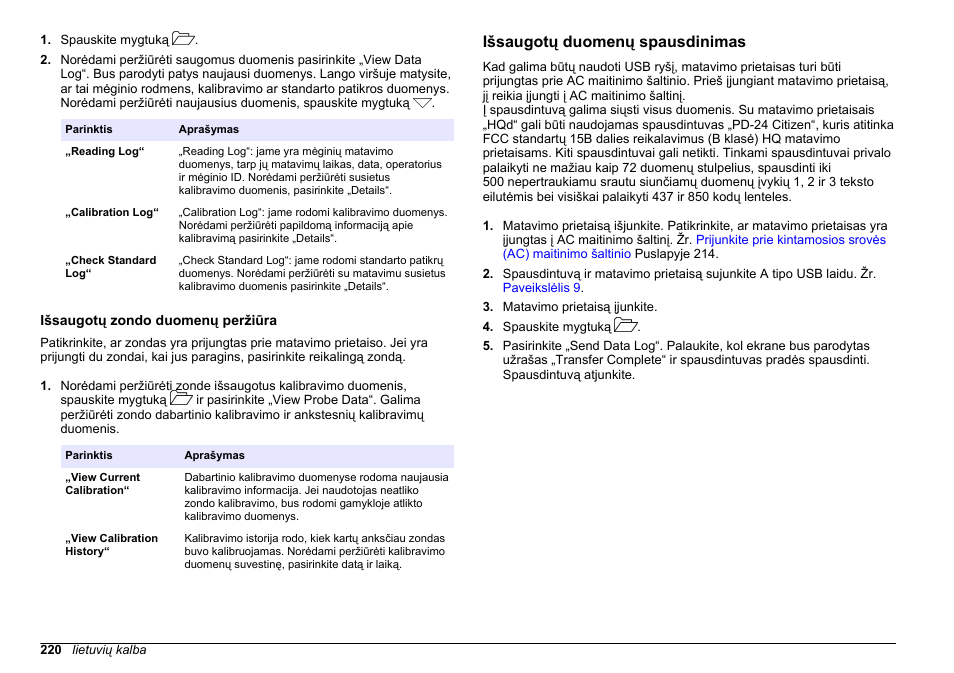 Išsaugotų zondo duomenų peržiūra, Išsaugotų duomenų spausdinimas | Hach-Lange HQ411D Basic User Manual User Manual | Page 220 / 324