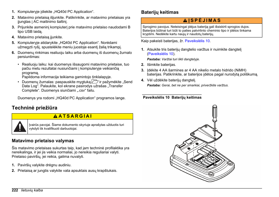 Techninė priežiūra, Matavimo prietaiso valymas, Baterijų keitimas | Puslapyje | Hach-Lange HQ411D Basic User Manual User Manual | Page 222 / 324