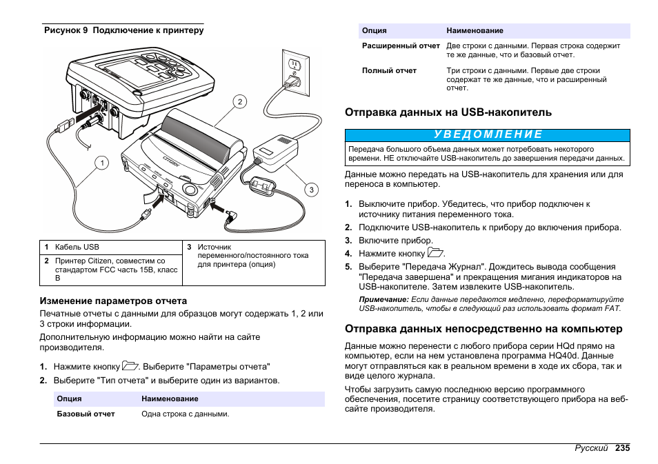 Изменение параметров отчета, Отправка данных на usb-накопитель, Отправка данных непосредственно на компьютер | Рисунок 9 | Hach-Lange HQ411D Basic User Manual User Manual | Page 235 / 324