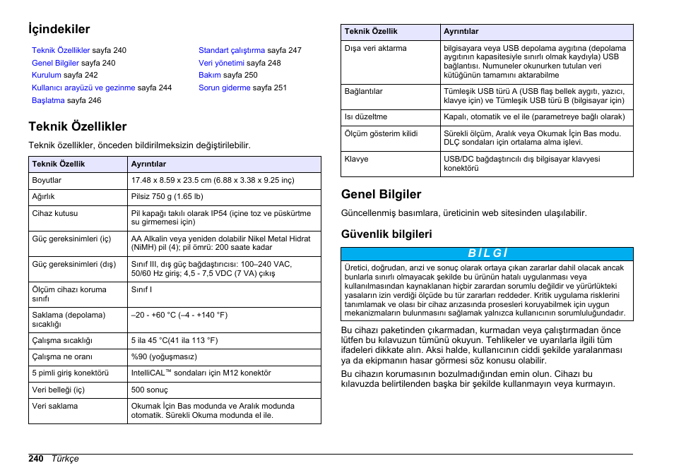 Temel kullanıcı kılavuzu, Içindekiler, Teknik özellikler | Genel bilgiler, Güvenlik bilgileri, Türkçe | Hach-Lange HQ411D Basic User Manual User Manual | Page 240 / 324