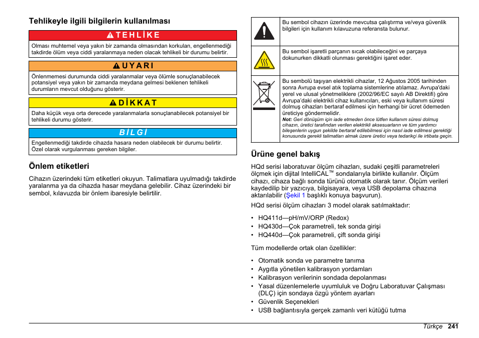 Tehlikeyle ilgili bilgilerin kullanılması, Önlem etiketleri, Ürüne genel bakış | Hach-Lange HQ411D Basic User Manual User Manual | Page 241 / 324