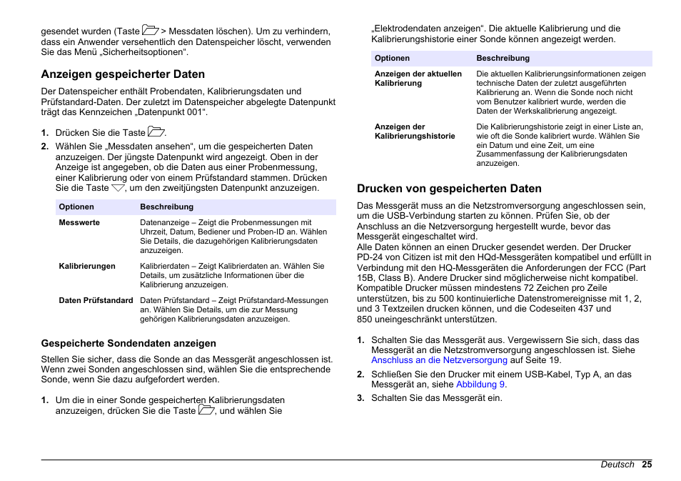Anzeigen gespeicherter daten, Gespeicherte sondendaten anzeigen, Drucken von gespeicherten daten | Hach-Lange HQ411D Basic User Manual User Manual | Page 25 / 324