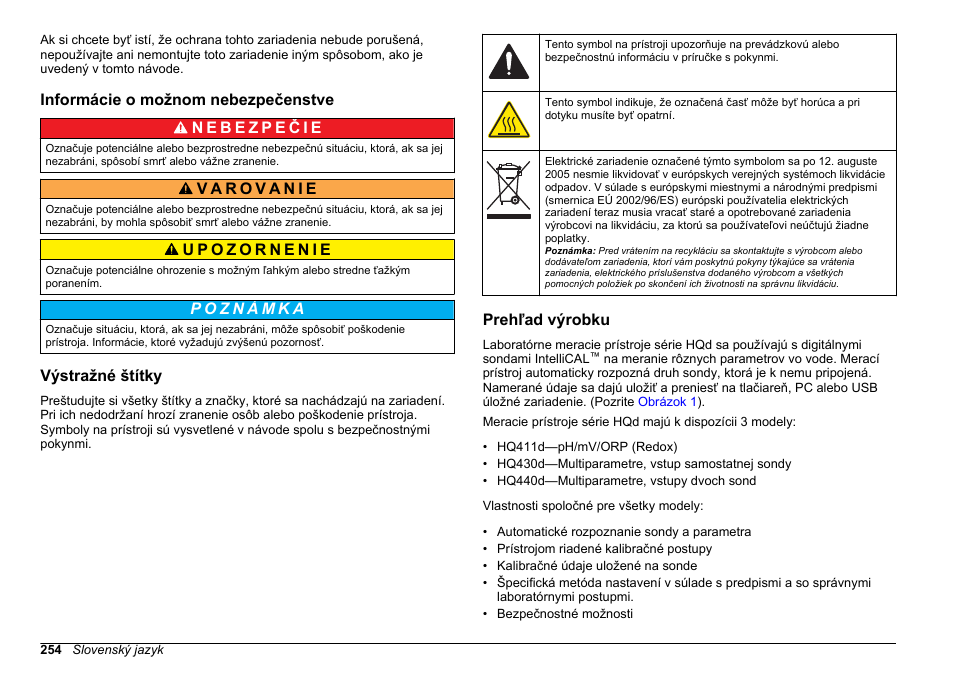 Informácie o možnom nebezpečenstve, Výstražné štítky, Prehľad výrobku | Hach-Lange HQ411D Basic User Manual User Manual | Page 254 / 324