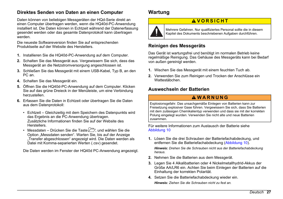 Direktes senden von daten an einen computer, Wartung, Reinigen des messgeräts | Auswechseln der batterien | Hach-Lange HQ411D Basic User Manual User Manual | Page 27 / 324