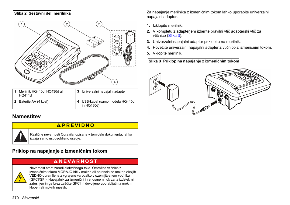 Namestitev, Priklop na napajanje z izmeničnim tokom, Na strani 270 | Hach-Lange HQ411D Basic User Manual User Manual | Page 270 / 324