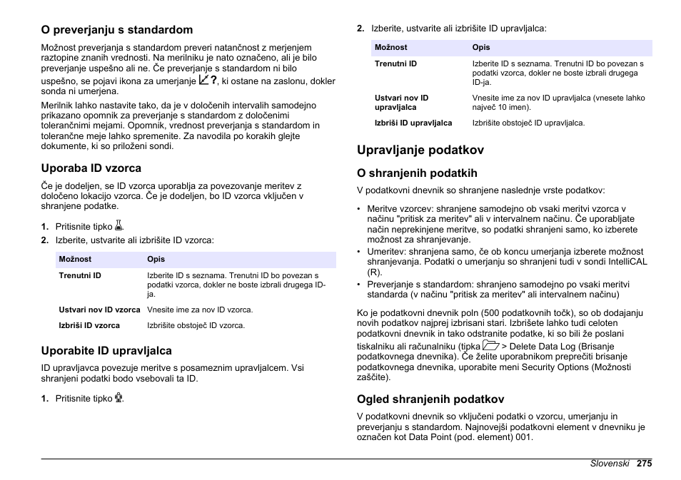 O preverjanju s standardom, Uporaba id vzorca, Uporabite id upravljalca | Upravljanje podatkov, O shranjenih podatkih, Ogled shranjenih podatkov, Na strani | Hach-Lange HQ411D Basic User Manual User Manual | Page 275 / 324