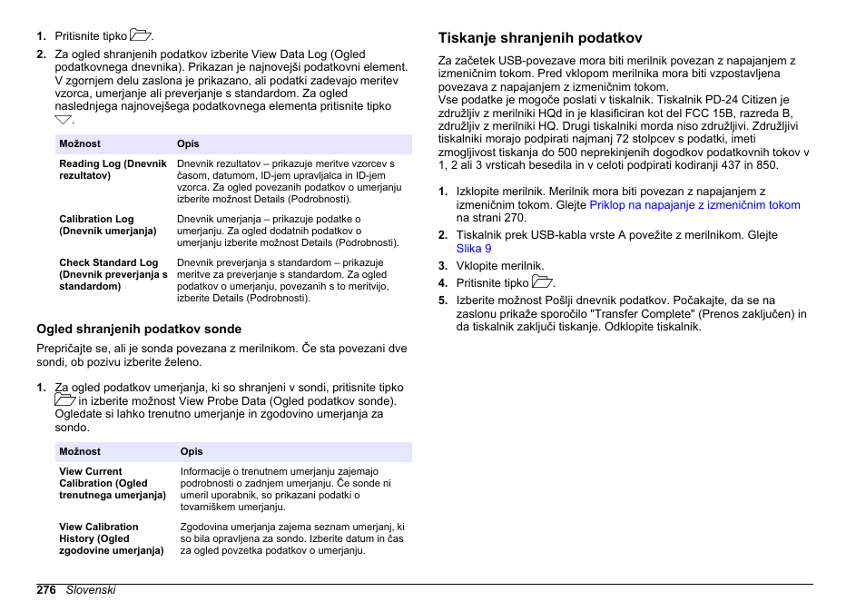 Ogled shranjenih podatkov sonde, Tiskanje shranjenih podatkov | Hach-Lange HQ411D Basic User Manual User Manual | Page 276 / 324