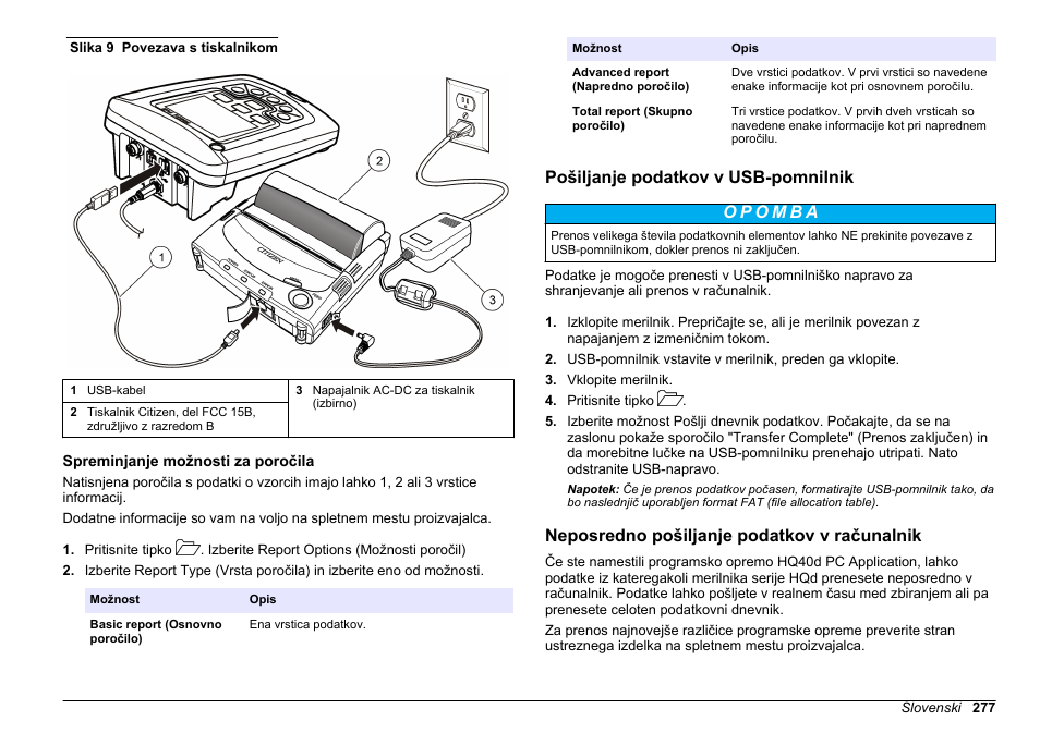 Spreminjanje možnosti za poročila, Pošiljanje podatkov v usb-pomnilnik, Neposredno pošiljanje podatkov v računalnik | Hach-Lange HQ411D Basic User Manual User Manual | Page 277 / 324