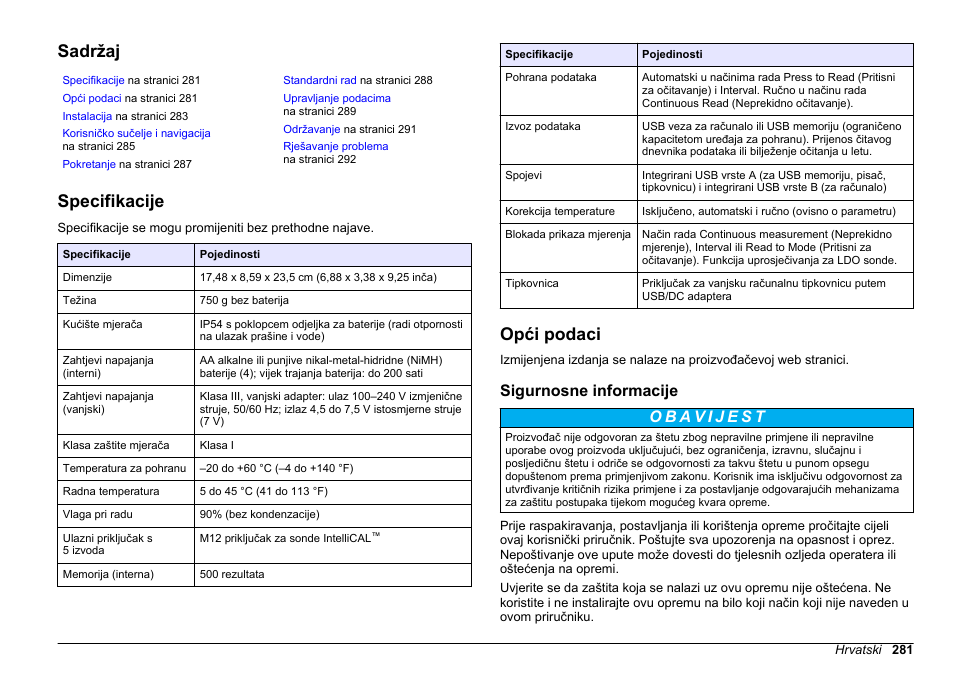 Osnovni korisnički priručnik, Sadržaj, Specifikacije | Opći podaci, Sigurnosne informacije, Hrvatski | Hach-Lange HQ411D Basic User Manual User Manual | Page 281 / 324