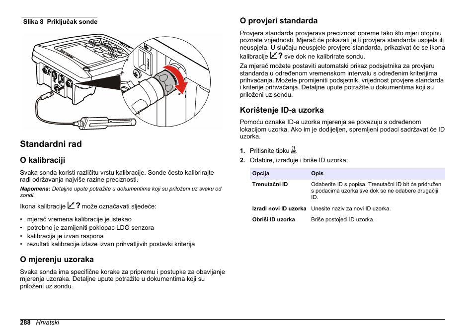 Standardni rad, O kalibraciji, O mjerenju uzoraka | O provjeri standarda, Korištenje id-a uzorka | Hach-Lange HQ411D Basic User Manual User Manual | Page 288 / 324