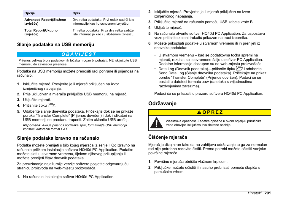Slanje podataka na usb memoriju, Slanje podataka izravno na računalo, Održavanje | Čišćenje mjerača, Na stranici | Hach-Lange HQ411D Basic User Manual User Manual | Page 291 / 324
