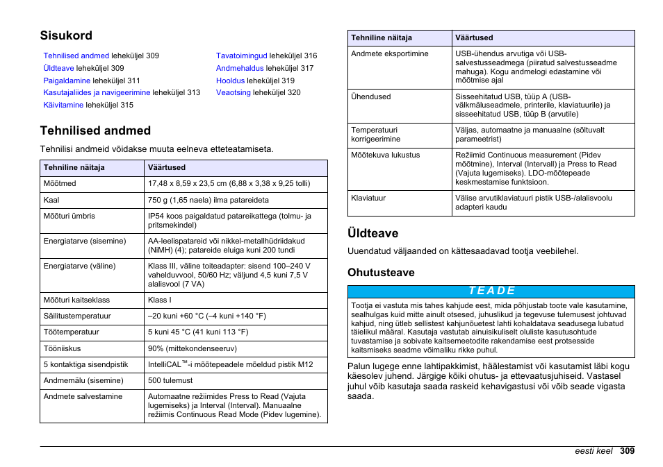 Kokkuvõtlik kasutusjuhend, Sisukord, Tehnilised andmed | Üldteave, Ohutusteave, Eesti keel | Hach-Lange HQ411D Basic User Manual User Manual | Page 309 / 324