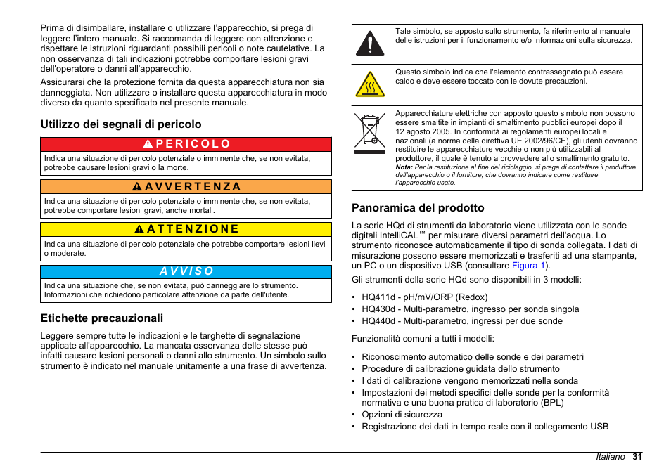 Utilizzo dei segnali di pericolo, Etichette precauzionali, Panoramica del prodotto | Hach-Lange HQ411D Basic User Manual User Manual | Page 31 / 324