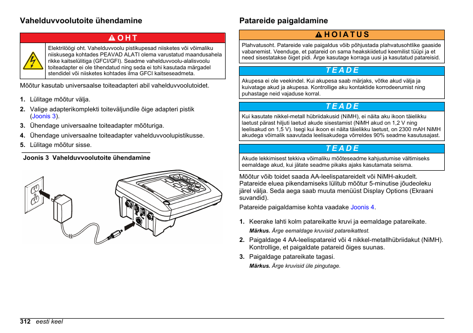 Vahelduvvoolutoite ühendamine, Patareide paigaldamine | Hach-Lange HQ411D Basic User Manual User Manual | Page 312 / 324