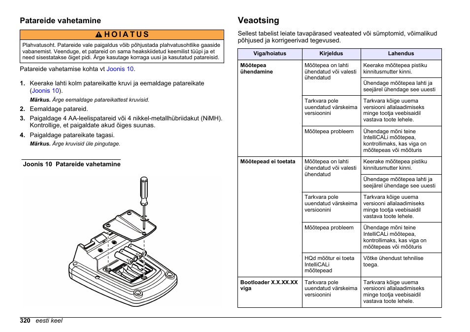Patareide vahetamine, Veaotsing | Hach-Lange HQ411D Basic User Manual User Manual | Page 320 / 324