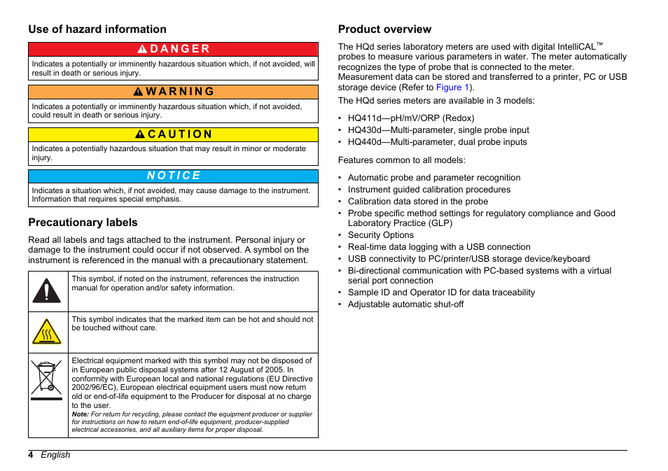 Use of hazard information, Precautionary labels, Product overview | Hach-Lange HQ411D Basic User Manual User Manual | Page 4 / 324