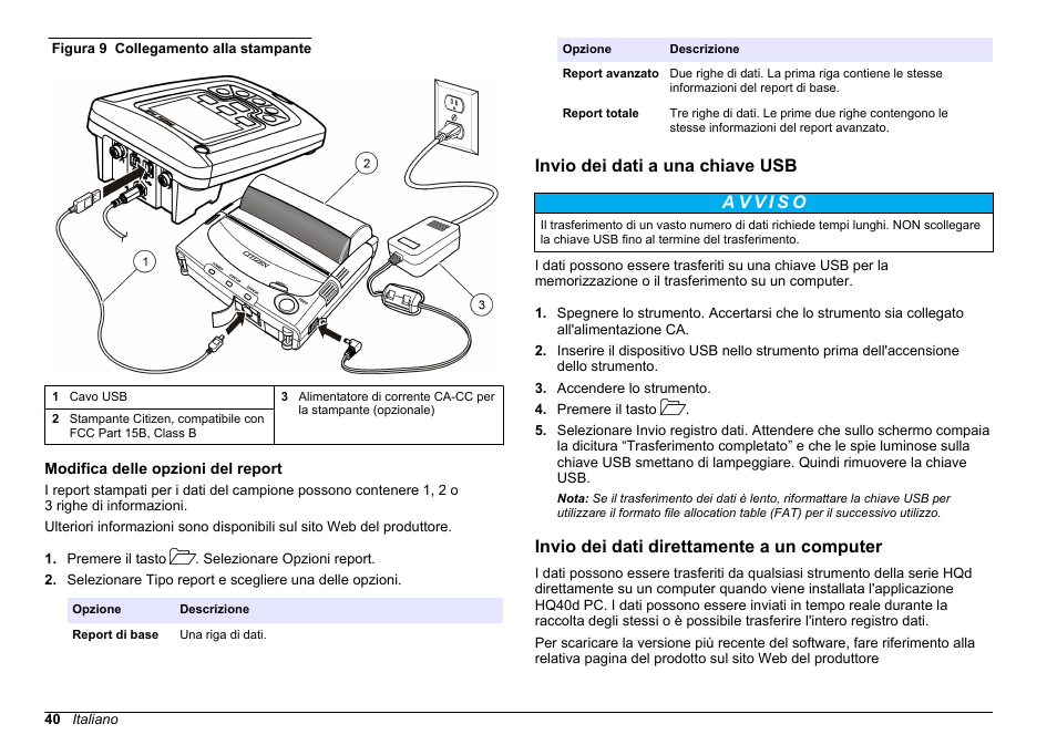 Modifica delle opzioni del report, Invio dei dati a una chiave usb, Invio dei dati direttamente a un computer | Consultare, Figura 9 | Hach-Lange HQ411D Basic User Manual User Manual | Page 40 / 324