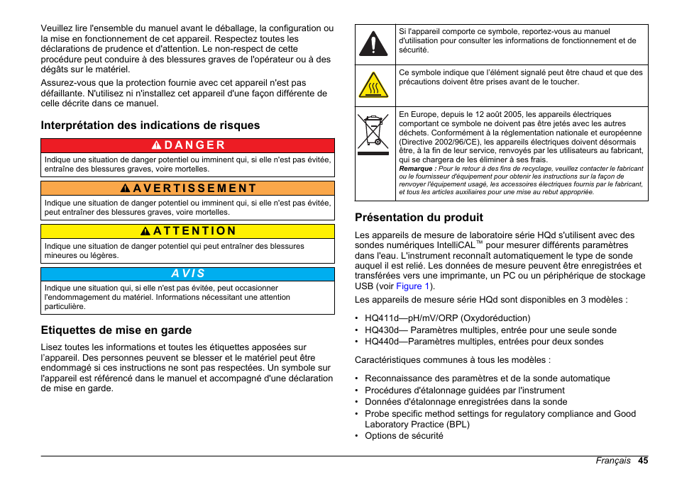 Interprétation des indications de risques, Etiquettes de mise en garde, Présentation du produit | A v i s | Hach-Lange HQ411D Basic User Manual User Manual | Page 45 / 324