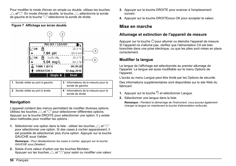 Navigation, Mise en marche, Allumage et extinction de l'appareil de mesure | Modifier la langue, Figure 7 | Hach-Lange HQ411D Basic User Manual User Manual | Page 50 / 324