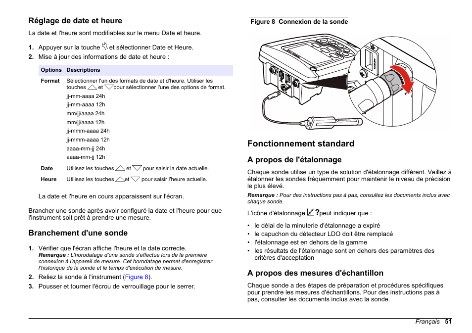 Réglage de date et heure, Branchement d'une sonde, Fonctionnement standard | A propos de l'étalonnage, A propos des mesures d'échantillon | Hach-Lange HQ411D Basic User Manual User Manual | Page 51 / 324