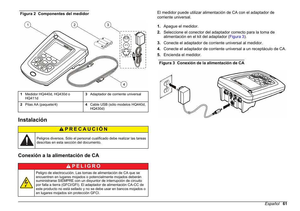Instalación, Conexión a la alimentación de ca | Hach-Lange HQ411D Basic User Manual User Manual | Page 61 / 324