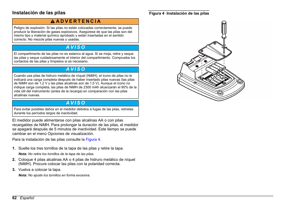 Instalación de las pilas | Hach-Lange HQ411D Basic User Manual User Manual | Page 62 / 324