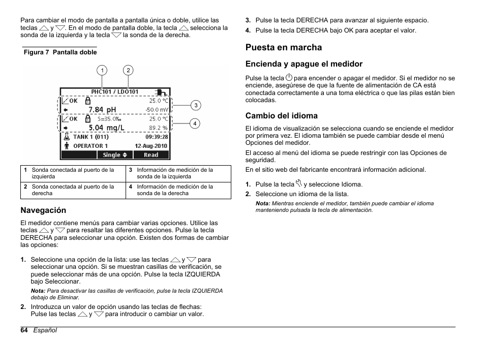 Navegación, Puesta en marcha, Encienda y apague el medidor | Cambio del idioma, Figura 7 | Hach-Lange HQ411D Basic User Manual User Manual | Page 64 / 324