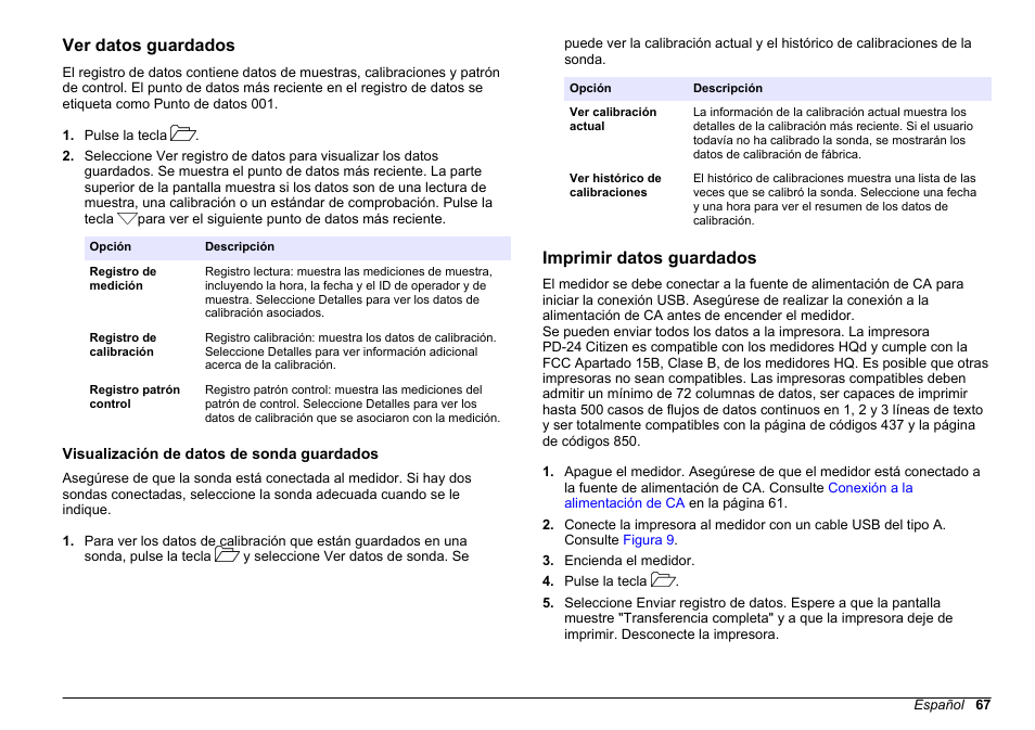 Ver datos guardados, Visualización de datos de sonda guardados, Imprimir datos guardados | Hach-Lange HQ411D Basic User Manual User Manual | Page 67 / 324