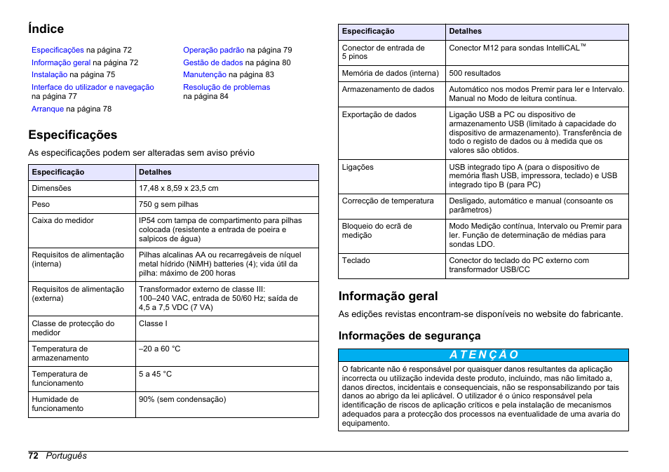 Manual de operações básicas, Índice, Especificações | Informação geral, Informações de segurança, Português | Hach-Lange HQ411D Basic User Manual User Manual | Page 72 / 324