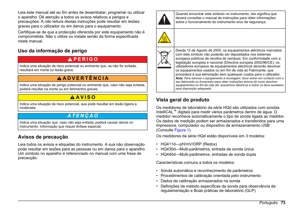 Uso da informação de perigo, Avisos de precaução, Vista geral do produto | Hach-Lange HQ411D Basic User Manual User Manual | Page 73 / 324