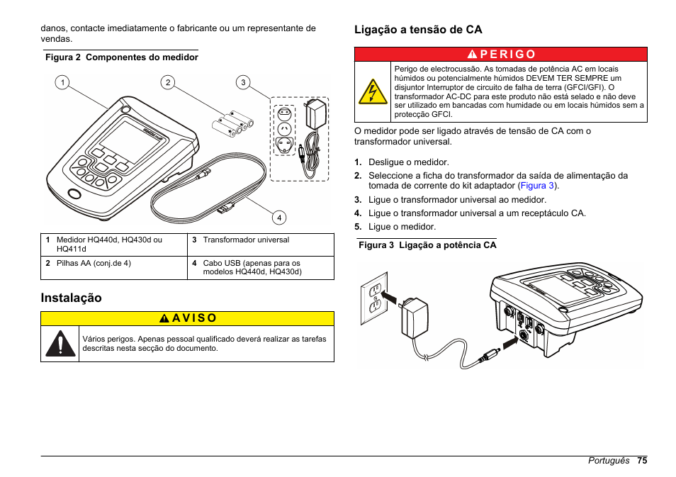 Instalação, Ligação a tensão de ca | Hach-Lange HQ411D Basic User Manual User Manual | Page 75 / 324