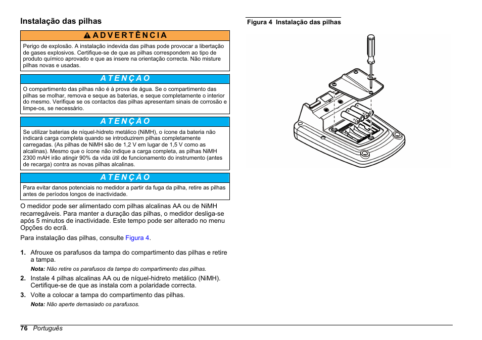 Instalação das pilhas | Hach-Lange HQ411D Basic User Manual User Manual | Page 76 / 324